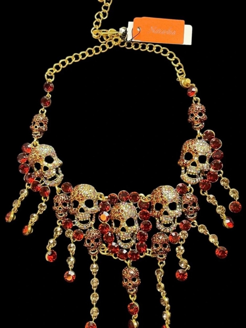 GORGEOUS Natasha Couture Gold Skull Necklace with Red Crystal Drops